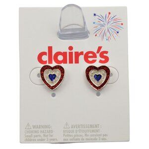 Claires Patriotic Heart Earrings Women Girls Red White Blue Glitter Stud